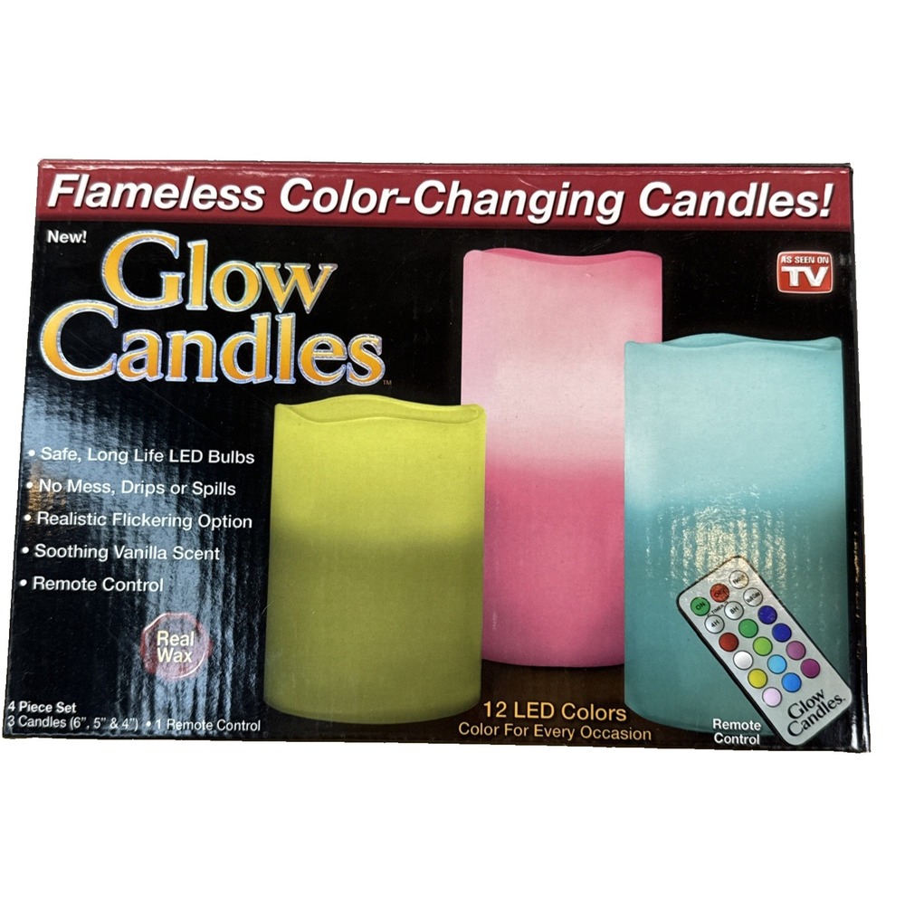 GLOW CANDLES Flameless Color-Changing Real Wax 12 LED Colors 3 Candles + Remote